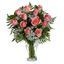 Picture of Romantic flower bouquet with pink roses, baby's  breath and greenery.
