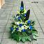 Picture of Danish style of Funeral Wreath standing on the floor with white lilies, blue roses and more- in 3 sizes.