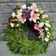 Picture of Funeral Wreath with one decoration with pink lilies, peach roses, snapdragons and more -3 sizes.