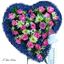 Picture of Fully decorated Funeral heart tribute with pink roses, white-green moms, blue baby's breath-2 sizes.