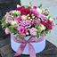 Picture of Very romantic and  elegant arrangement with roses and lots of other flowers in round hat box with ribbon.