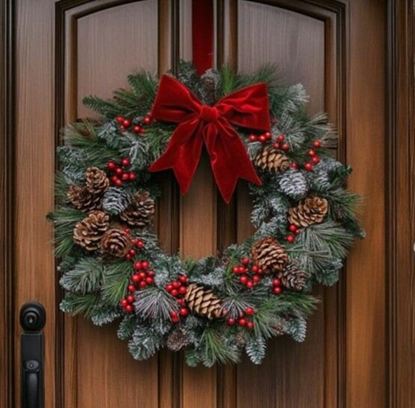 Picture of Classic Christmas holiday wreath with fresh mix of greenery, berries, pinecones and big red ribbona