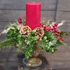 Picture of Stunning Christmas decoration with red pillar candle in antique vase
